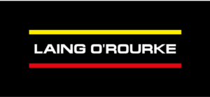 The image displays the logo for Laing O'Rourke, featuring the company's name in bold, white text on a black background, bordered by a thin yellow line at the top and a red line at the bottom.