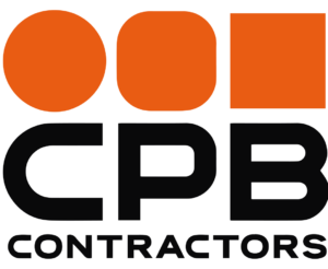 The image shows the logo of CPB Contractors. It features two orange circles and one orange square arranged horizontally above the text "CPB Contractors" in bold, black letters.
