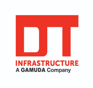 Logo of DT Infrastructure, a Gamuda company. The letters "DT" are in bold red, with "INFRASTRUCTURE" below in red and "A GAMUDA Company" in smaller black text, all set against a white background.
