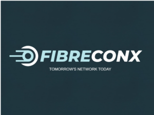 The image displays a logo for "FibreConX" with the tagline "Tomorrow's Network Today" beneath it. The text is in white and light blue on a dark blue background, with a circular design element next to the word "FibreConX.