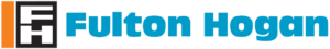 Logo of Fulton Hogan featuring a stylized "FH" in white on a black and orange background, followed by the company name in blue text.