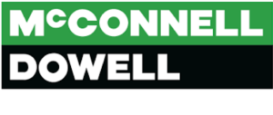 Logo of McConnell Dowell, featuring a green and black background. The name "MC CONNELL" is written in white on the green upper section, and "DOWELL" is written in white on the black lower section.