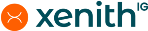 Logo for Xenith IG featuring the company's name in lowercase letters. The text "xenith IG" is in teal against a white background with an orange circle to the left.