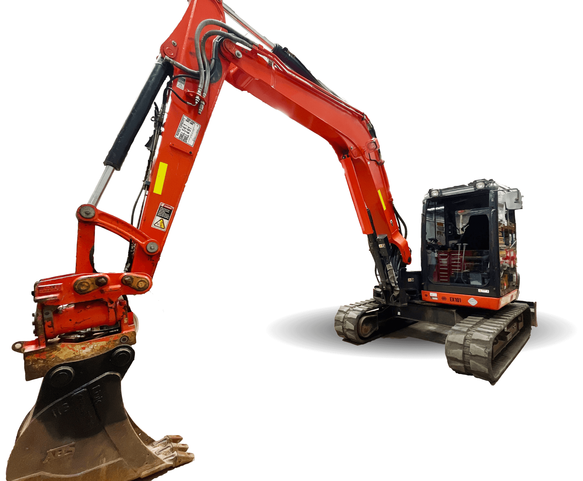 A red excavator with a large digging bucket and crawler tracks, positioned against a plain black background, embodies modern infrastructure solutions. The machine's arm is extended, showcasing its hydraulic components and robust design.